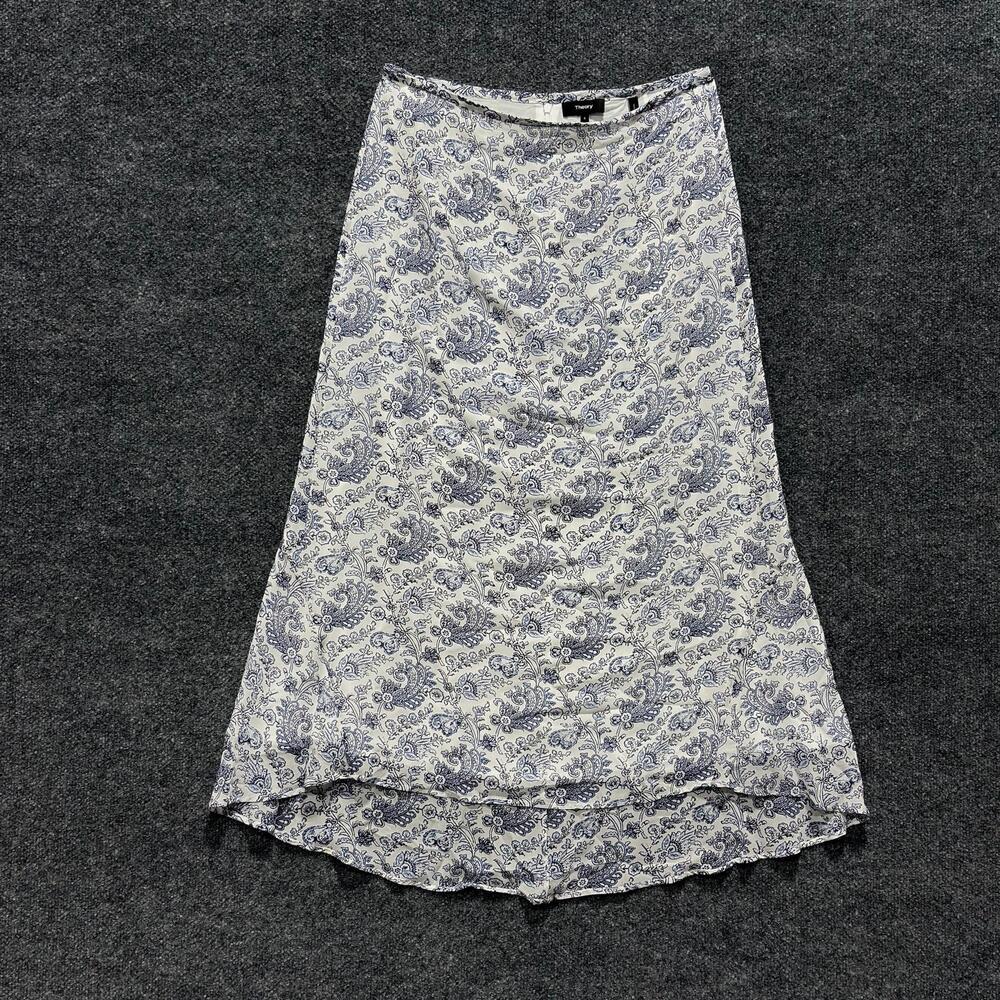 Theory Skirt Womens 6 Blue Paisley Silk Chiffon A Line Maxi Lined Asymmetric
